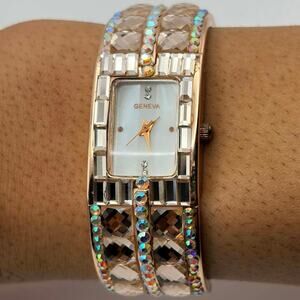 Rose Gold Crystal Geneva Cuff Watch